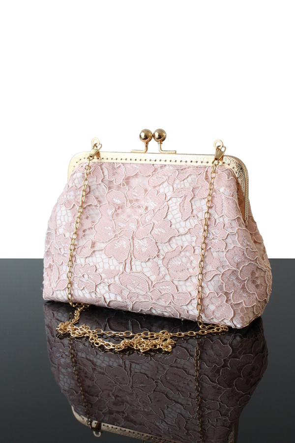 Pochette mariage Rose Poudre en dentelle et soie
