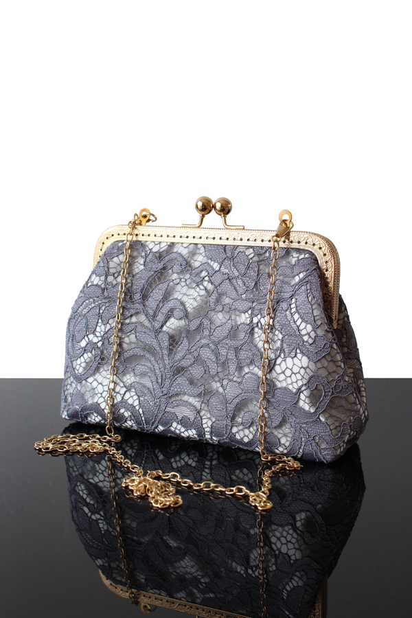 Pochette soirée en soie Gris avec fermoir vintage